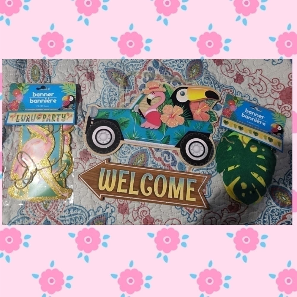 WELCOME TIKI TIME SUMMER LUAU PINK FLAMINGO AND TROPICAL BIRD IN PICK-UP…